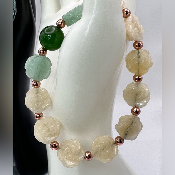YELLOW JADE + AVENTURINE NATURAL STONES BRACELET 7.5” - Picture 2 of 11